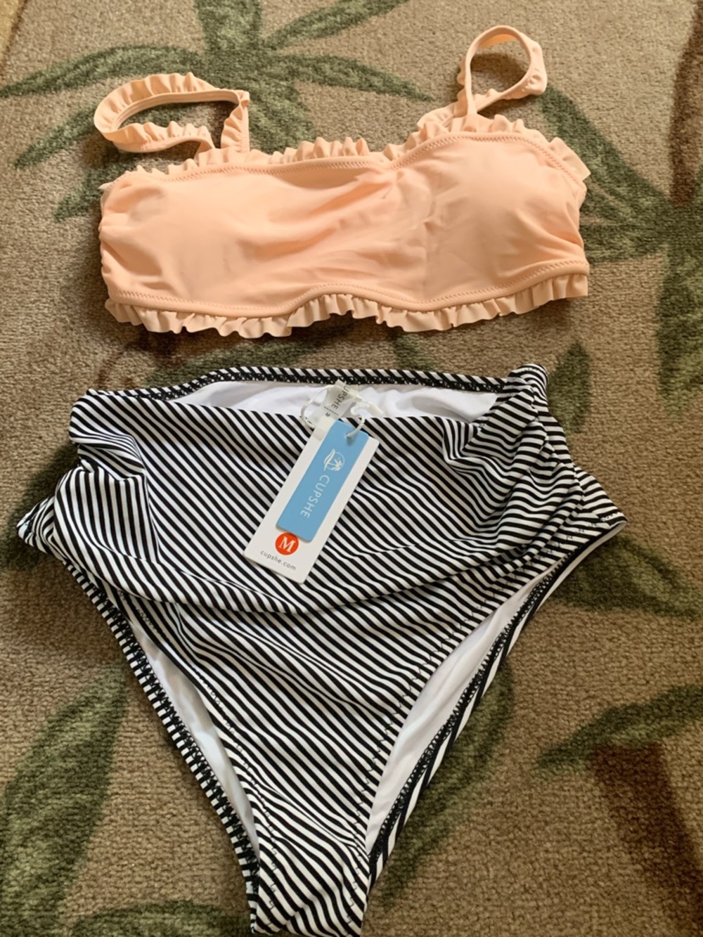 Cupshe Peach Ruffle Bandeau Top with Black & White Striped High-Waist Bottoms